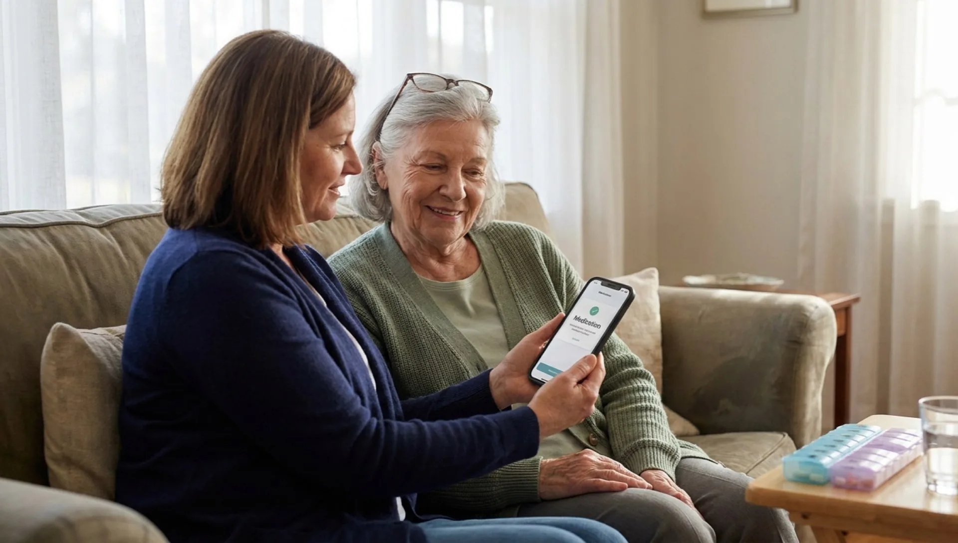 An adult daughter showing her elderly mother a medication confirmation on a phone